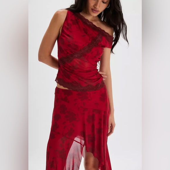 Free People Floral Mesh Lace Two-Piece Set Asymmetrical Skirt One-Shoulder Top - Picture 5 of 5